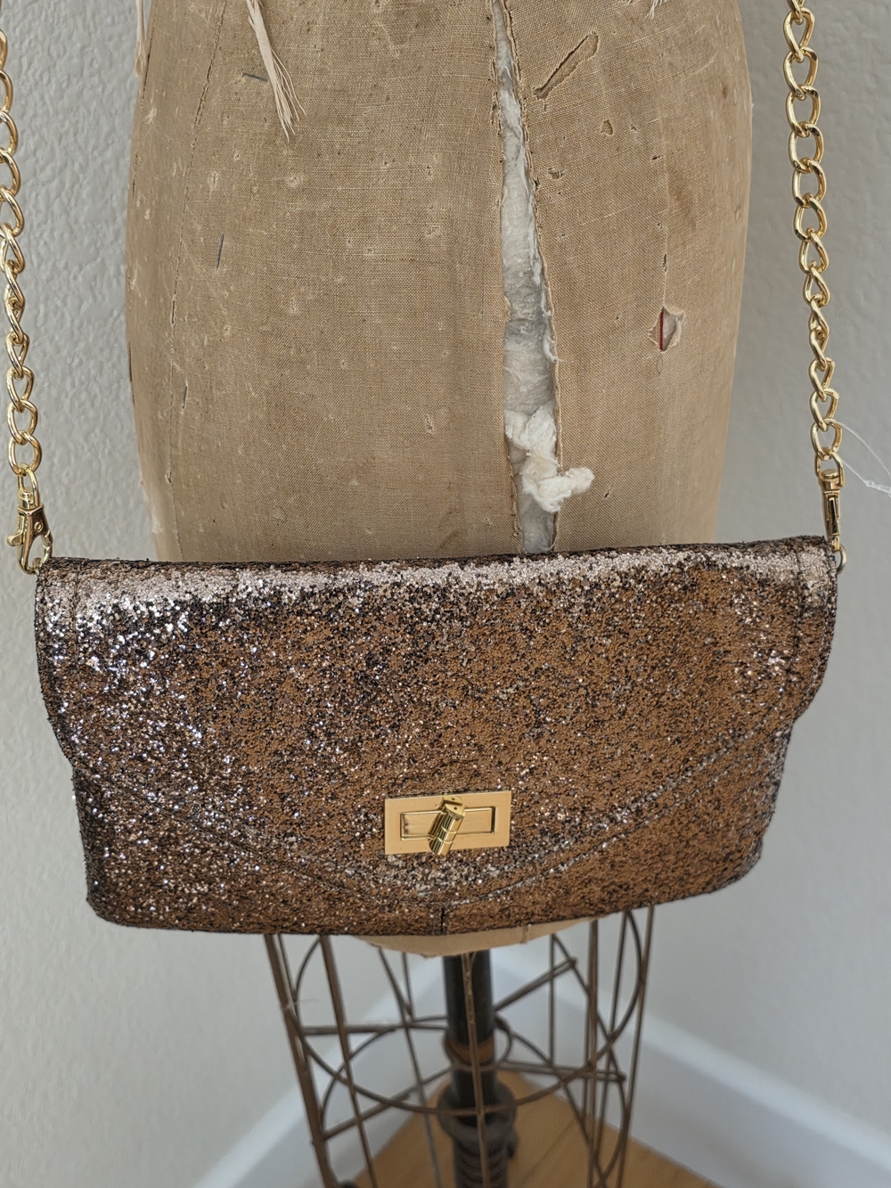Aldo Glitter Gold Elegance Crossbody Bag Detachable Strap